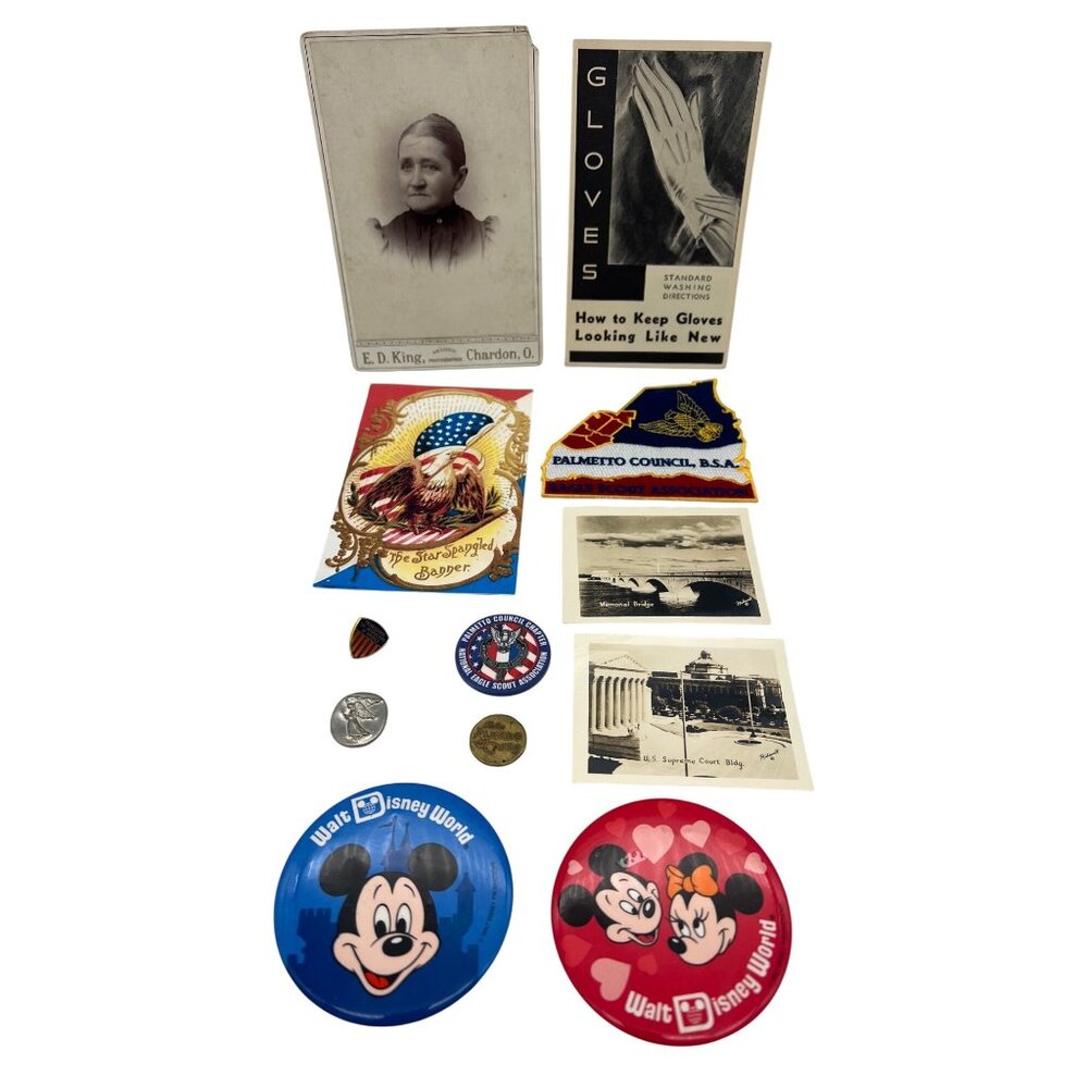 Vintage Junk Drawer Ephemera Lot Cabinet Card Postcard Disney BSA Pins Tokens